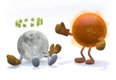 Sol och måne med armar, ben och boxninghandskar vektor illustrationer Sol och måne med armar, ben och boxninghandskar vektor illustrationer