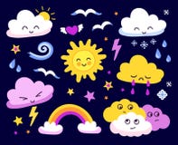 Sol y nubes emocionales, estrellas, arco iris en fondo oscuro ilustración del vector Sol y nubes emocionales, estrellas, arco iris en fondo oscuro ilustración del vector