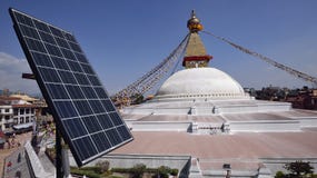 Solar Cell Above Roof Top Of Restaurant Near Bodhnath Stupa In Royalty Free Stock Photos
