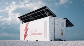 Solar container unit. 3d rendering concept of a white industrial battery energy storage container with mounted black solar panels