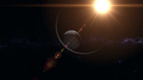 Solar Eclipse of Sun by the Moon. Realistic 4K animation