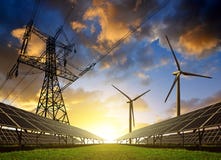 Solar panels with wind turbines and electricity pylon at sunset. stock photography Solar panels with wind turbines and electricity pylon at sunset. stock photography