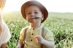 Solar photo of a boy on the field. small boy in a village playing in the grass and chewing a twig Stock Image Solar photo of a boy on the field. small boy in a village playing in the grass and chewing a twig Stock Image