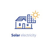 Solenergi, solpaneler, hem- lösning, elektricitetsservicelinje symbol royaltyfri illustrationer Solenergi, solpaneler, hem- lösning, elektricitetsservicelinje symbol royaltyfri illustrationer
