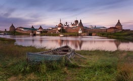 Solovki Island, Russia. Classic Scenic View Of The Solovetsky Spaso-Preobrazhensky Transfiguration Monastery And The Big Old Boat