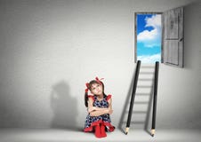 Solution concept, child girl dreaming near stairs of pencils stock photography Solution concept, child girl dreaming near stairs of pencils stock photography