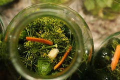 Some cucumbers in the bank. Pickles on the aluminum basin or plate. Four fresh cucumbers are ready for marinade. Circle form, Some Herbal, a bunch of dill, the stock photos Some cucumbers in the bank. Pickles on the aluminum basin or plate. Four fresh cucumbers are ready for marinade. Circle form, Some Herbal, a bunch of dill, the stock photos