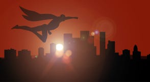 Superhero silhouette side view flying over city at sunset or sunrise overwatching