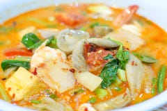 Sopa quente e ácida com camarão e vegetal imagem de stock Sopa quente e ácida com camarão e vegetal imagem de stock