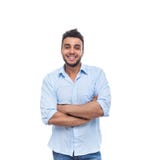 Sorriso feliz Guy Folded Hands considerável novo do homem ocasional fotografia de stock royalty free Sorriso feliz Guy Folded Hands considerável novo do homem ocasional fotografia de stock royalty free
