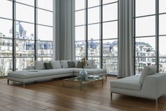 Sottotetto luminoso moderno con grande interior design di Windows illustrazione vettoriale Sottotetto luminoso moderno con grande interior design di Windows illustrazione vettoriale