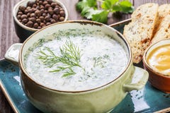 Soupe ou yaourt froide d'été avec le radis, le concombre, l'aneth, les herbes et les biscuits sur le fond en bois foncé Okroshka photographie stock libre de droits Soupe ou yaourt froide d'été avec le radis, le concombre, l'aneth, les herbes et les biscuits sur le fond en bois foncé Okroshka photographie stock libre de droits