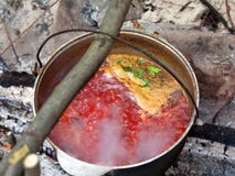 Soupe traditionnelle ukrainienne à Borscht faisant cuire dans le chaudron de suie Photo stock Soupe traditionnelle ukrainienne à Borscht faisant cuire dans le chaudron de suie Photo stock