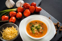 Soupe végétarienne faite maison à crème de tomate dans la cuvette blanche sur la table en bois Image libre de droits Soupe végétarienne faite maison à crème de tomate dans la cuvette blanche sur la table en bois Image libre de droits