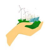 Sources d'énergie alternatives, panneaux solaires et turbines de vent avec la ville à l'arrière-plan dans la main humaine Énergie illustration de vecteur Sources d'énergie alternatives, panneaux solaires et turbines de vent avec la ville à l'arrière-plan dans la main humaine Énergie illustration de vecteur
