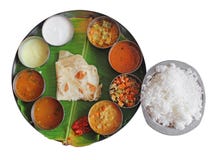 South Indian Plate Meals On Banana Leaf On White Stock Image South Indian Plate Meals On Banana Leaf On White Stock Image