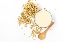 Soy bean milk and soy beans top view on white background royalty free stock images Soy bean milk and soy beans top view on white background royalty free stock images