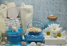 SPA - Aromatic sea salt and scented soap, scented candles and massage oil and accessories for massage and bath stock photography SPA - Aromatic sea salt and scented soap, scented candles and massage oil and accessories for massage and bath stock photography