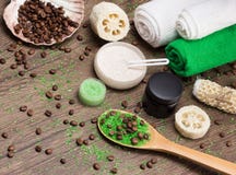 Spa and cellulite busting products on wooden surface stock images Spa and cellulite busting products on wooden surface stock images
