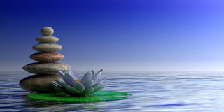 Zen stones and waterlilly on blue sea and sky background, copy space. 3d illustration royalty free illustration Zen stones and waterlilly on blue sea and sky background, copy space. 3d illustration royalty free illustration