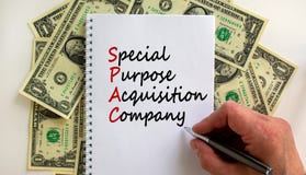 SPAC, special purpose acquisition company symbol. Word SPAC on beautiful white background, copy space. Businessman hand, dollar
