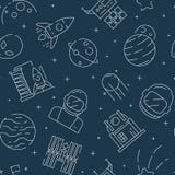 Space seamless pattern. Futuristic universe background with astronaut shuttle rocket stars and planets vector textile stock illustration Space seamless pattern. Futuristic universe background with astronaut shuttle rocket stars and planets vector textile stock illustration