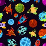 Space vector seamless pattern with spaceships, stars, planet and rockets, childrens fantastic background royalty free illustration Space vector seamless pattern with spaceships, stars, planet and rockets, childrens fantastic background royalty free illustration