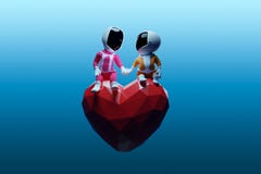 Spaceboy and spacegirl holding hands while sitting on a heart. Valentine`s day, man and woman in love, relationship.