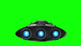 Spacecraft with pulsate engines on background of green screen, 3d animation
