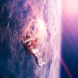 Spaceman in space with planet earth in the background. Vibrant pink and blue colors.