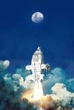 Spaceship take off and moon. 3D render science fiction illustration Royalty Free Stock Image Spaceship take off and moon. 3D render science fiction illustration Royalty Free Stock Image