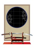 Spada giapponese e stanza stile giapponese illustrazione di stock Spada giapponese e stanza stile giapponese illustrazione di stock