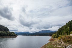Spar en andere pijnboombomen op bergen dichtbij Oasa-Meer Lacul Oasa op een bewolkt eind die van de zomer/dalingsmiddag een valle Royalty-vrije Stock Afbeeldingen Spar en andere pijnboombomen op bergen dichtbij Oasa-Meer Lacul Oasa op een bewolkt eind die van de zomer/dalingsmiddag een valle Royalty-vrije Stock Afbeeldingen