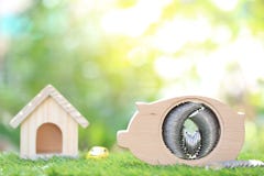 Sparande pengar för förbereder sig i begreppet för det framtida och nya huset, spargristrä med modellhuset på naturlig grön bakgr fotografering för bildbyråer Sparande pengar för förbereder sig i begreppet för det framtida och nya huset, spargristrä med modellhuset på naturlig grön bakgr fotografering för bildbyråer
