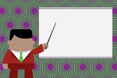 Speaker giving professional training. Executive man standing in front projector screen. Businessman pointing project vector illustration Speaker giving professional training. Executive man standing in front projector screen. Businessman pointing project vector illustration