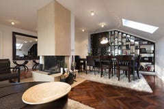 Specious loft apartment interior with fireplace royalty free stock photos Specious loft apartment interior with fireplace royalty free stock photos