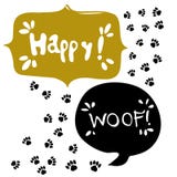 Speech Bubble. Text Happy. Paw Sign Icon. Dog Pets Steps Symbol. Stock Photos