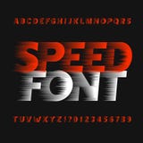Speed alphabet font. Wind effect type letters and numbers on a dark background.