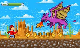 Spelscène Voorwerpen de met 8 bits van de pixelkunst Platformer videointerface Retro plaats Wolken, bergen, draak en karakter royalty-vrije illustratie Spelscène Voorwerpen de met 8 bits van de pixelkunst Platformer videointerface Retro plaats Wolken, bergen, draak en karakter royalty-vrije illustratie