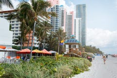 Spiaggia di sabbia a cielo blu di Miami, l'Oceano Atlantico, palme, grattacielo ai precedenti fotografie stock Spiaggia di sabbia a cielo blu di Miami, l'Oceano Atlantico, palme, grattacielo ai precedenti fotografie stock