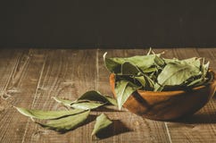 Spices Of Bay Leaf In Rural Style/bay Leaf In A Wooden Bowl On A Royalty Free Stock Images