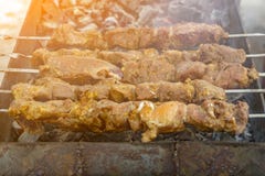 Spiedi con i kebab della carne sulla griglia con fumo fotografie stock libere da diritti Spiedi con i kebab della carne sulla griglia con fumo fotografie stock libere da diritti