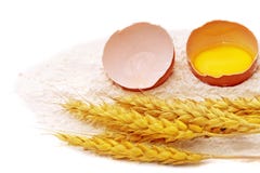 Spikelets Of Wheat With Egg On Flour Spillage.Isolated. Spikelets Of Wheat With Egg On Flour Spillage.Isolated.