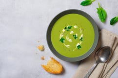Spinach Soup in a Bowl, Top View, Vegetarian Food, Healthy Eating stock image Spinach Soup in a Bowl, Top View, Vegetarian Food, Healthy Eating stock image