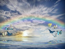 Spiritual and ecologic background with butterflies and rainbow