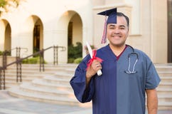 Split Screen of Hispanic Male As Graduate and Nurse On Campus or At Hospital stock images Split Screen of Hispanic Male As Graduate and Nurse On Campus or At Hospital stock images