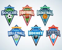 Sport team logo emblems, badge, t-shirt apparel design templates set. Soccer, American football, Basketball, Volleyball, Baseball