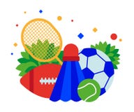 Sporta wyposażenie: piłka nożna, tenisowe piłki, badminton kant i shuttlecock, ilustracja wektor Sporta wyposażenie: piłka nożna, tenisowe piłki, badminton kant i shuttlecock, ilustracja wektor