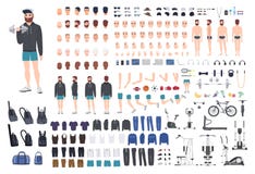 Sports guy character constructor. Bodybuilder man creation set. Different postures, hairstyle, face, legs, hands