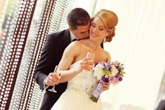 Sposa e sposo che tostano sul loro giorno delle nozze fotografia stock Sposa e sposo che tostano sul loro giorno delle nozze fotografia stock
